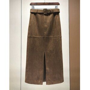 Cowhide Velvet Suede Belted Front Slit Midi Skirt